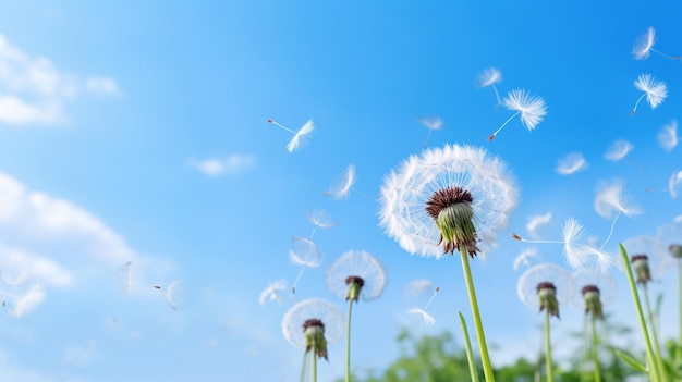 Diente de león con semillas soplando en el viento a través de un cielo azul claro ai generativo