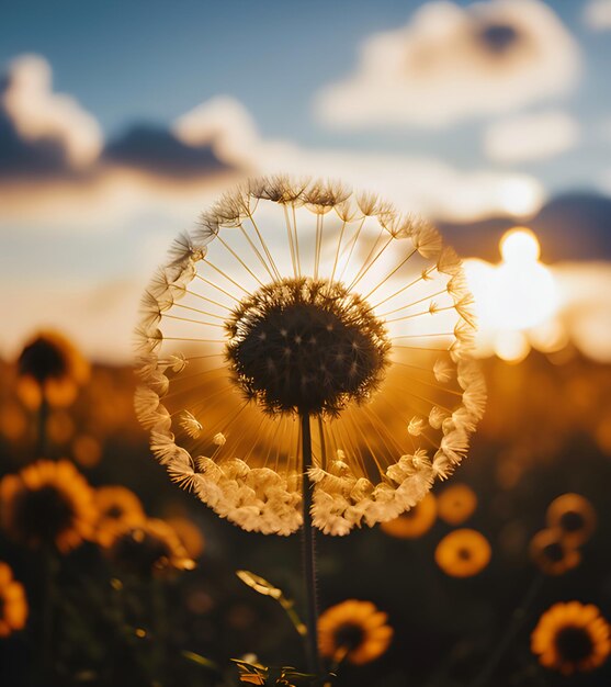 Foto un diente de león con el sol detrás de él