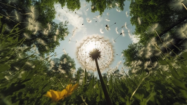 Un diente de león sopla en el viento con plumas blancas.