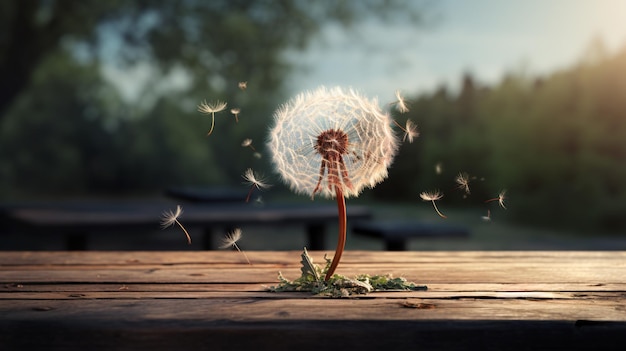 Foto un diente de león soplando en el viento en una mesa