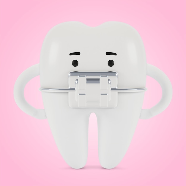 Diente con personaje de dibujos animados de aparatos ortopédicos. El concepto de examen dental de los dientes, salud dental e higiene. Ilustración 3D.