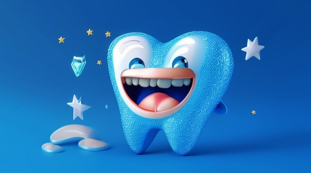 Foto diente de personaje de dibujos animados feliz brillante sobre el fondo azul el concepto de cuidado de la salud dental