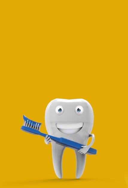 Diente de renderizado 3D sonriendo con cepillo