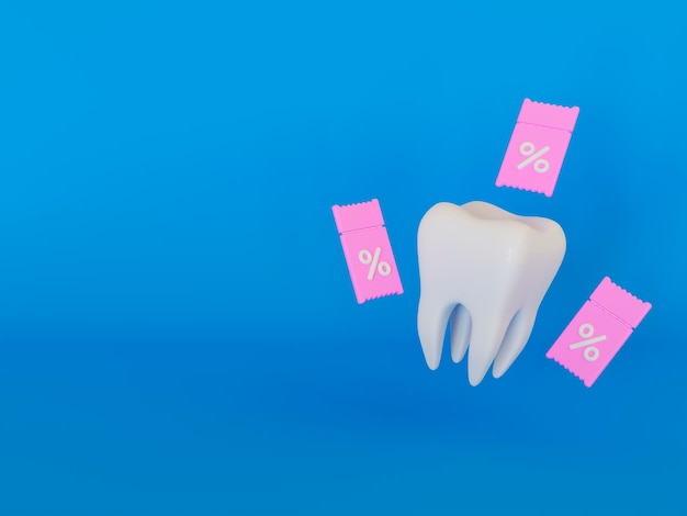 Diente sano realista 3d con cupones sobre fondo azul Concepto de descuentos en tratamiento dental