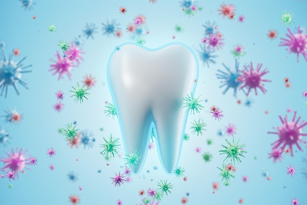Diente sano rodeado de bacterias sobre un fondo azul. Concepto de higiene y cuidado dental. Renderización 3D