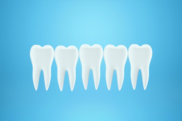 Dientes blancos, esmalte blanco sobre fondo azul. El concepto de odontología, blanqueamiento dental, protección, cuidado bucal, higiene, atención médica. Ilustración 3D, representación 3D.