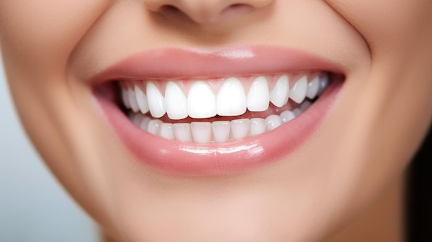 Dientes blancos radiantes Sonrisa de una mujer Un primer plano que simboliza la salud dental y el cuidado bucal
