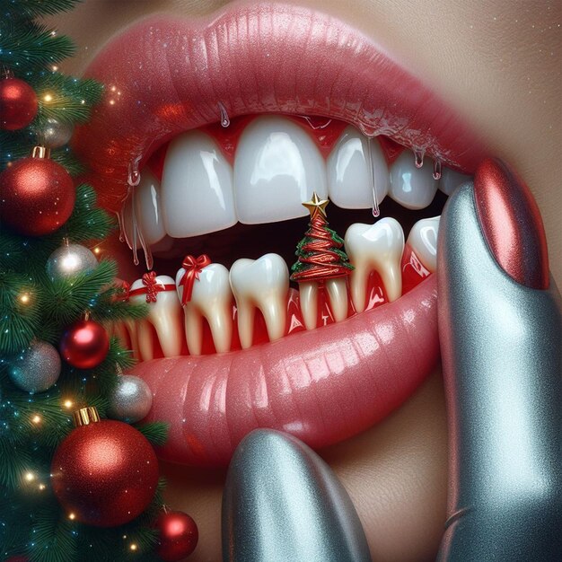 dientes brillantes labios y molares con decoración de Navidad