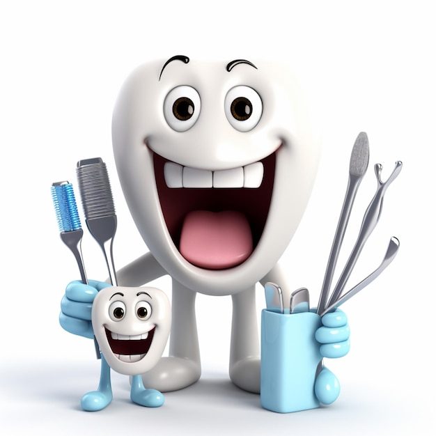 Dientes felices sosteniendo equipos dentales imagen de fondo blanco arte generado por Ai