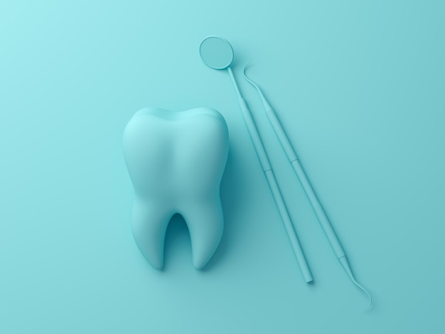 Dientes con herramienta de placa dental sobre fondo azul pastel ilustración de renderizado 3d