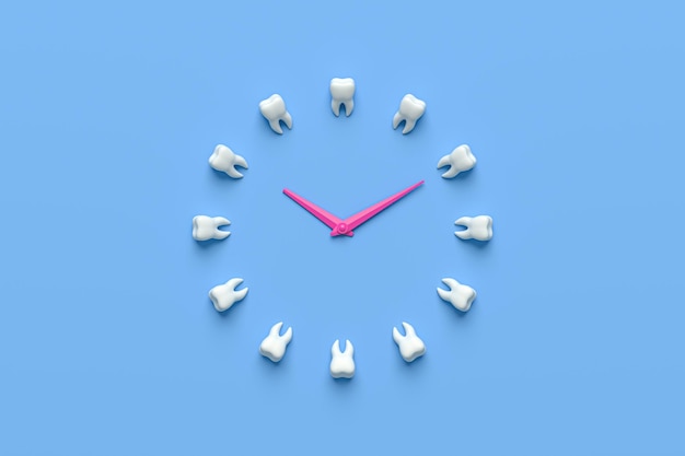 Dientes humanos forman una cara de reloj sobre un fondo azul Concepto de dentista Metáfora médica que revela el concepto de dentista médico odontología y tratamiento 3d render