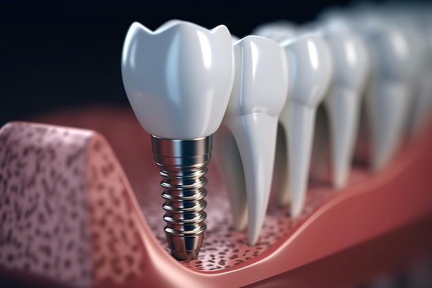 Foto dientes de implantación dental con tornillo de implante.