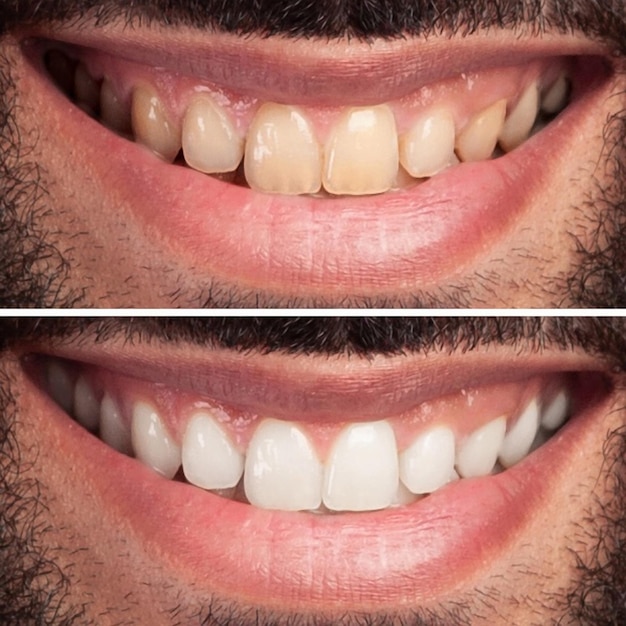 Dientes de mujer antes y después del blanqueamiento Mujer sonriente feliz Concepto de salud dental Concepto de cuidado bucal