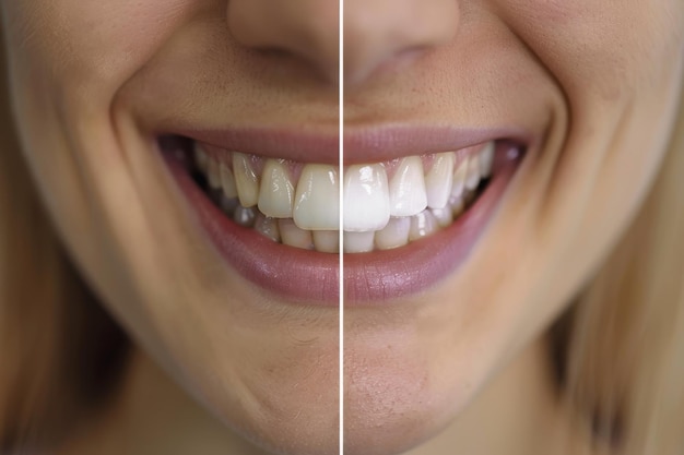 Foto los dientes de una mujer con uno limpio y el otro sucio