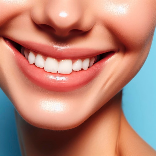 Los dientes de una mujer con una sonrisa en su cara en primer plano sobre un fondo azul sólido y brillante