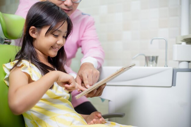 Los dientes de las niñas asiáticas están sanos en el consultorio dental Cuidado dental Cuidado del dentista