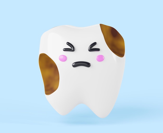 Dientes personaje de dibujos animados kawaii con placa dental tártaro o caries de esmalte icono de renderizado 3D diente de bebé sucio y triste con dolor de muelas en fondo azul tratamiento y limpieza de la cavidad oral ilustración 3D