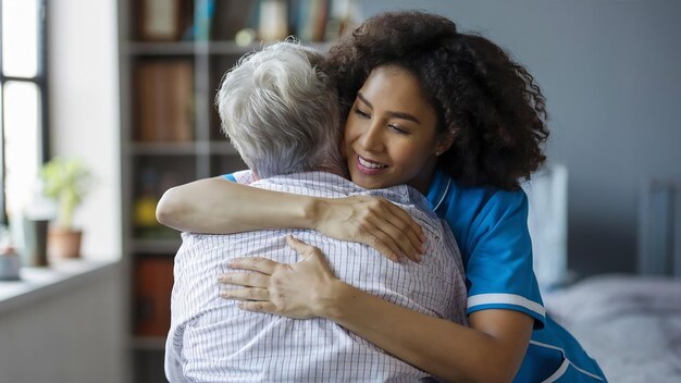 Dies ist die Freude meines Lebens. Aufnahme einer Krankenschwester, die ihren reifen Patienten umarmt.