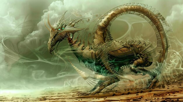 Foto dies ist ein bild eines steampunk-dragons, einer großen mechanischen kreatur mit einem langen, schlangenartigen körper und einem paar flügeln.