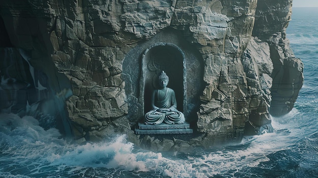 Dies ist ein Foto einer Buddha-Statue, die in einer Höhle auf einer Klippe sitzt. Die Statue ist von krassenden Wellen und einem stürmischen Meer umgeben.