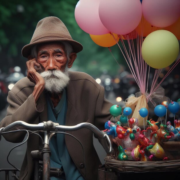 Foto dies ist ein foto eines mannes auf einem fahrrad, der ballons und kleine spielzeuge verkauft