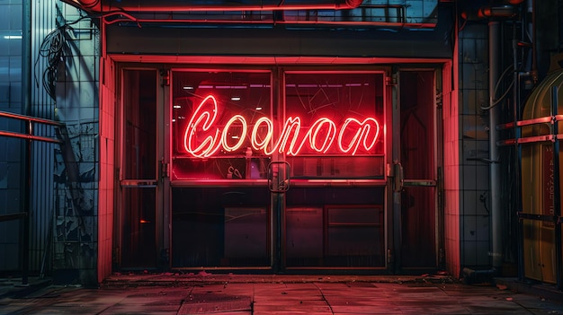 Foto dies ist ein foto eines retro-neon-schildes in einer stadt nachts. das schild ist rot und sagt coonon