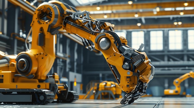 Foto dies ist ein foto eines roboterarms in einer fabrik. der arm ist gelb und schwarz und hält ein metallobjekt.