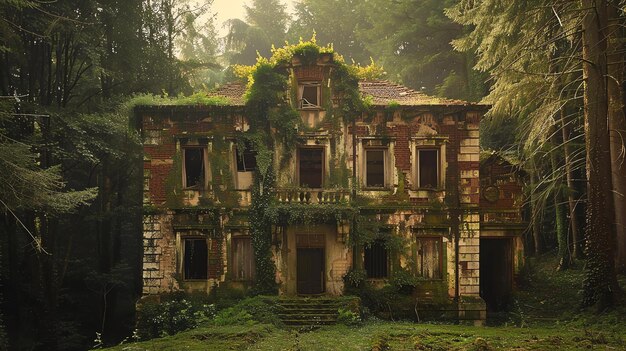 Dies ist ein Foto eines wunderschönen alten verlassenen Herrenhauses, das von einem üppig grünen Wald umgeben ist und ein sehr mysteriöses und unheimliches Gefühl hat.