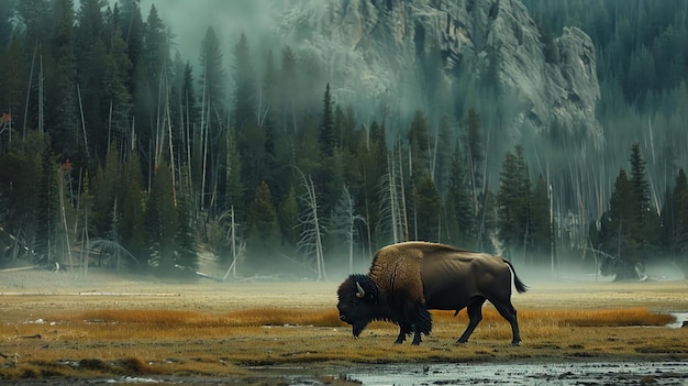 Dies ist ein majestätisches Foto eines Bison, der durch ein Grasfeld geht. Der Bison ist im Vordergrund und sieht nach links des Bildes.