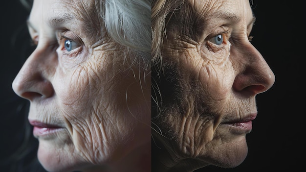 Dies ist ein Porträt einer älteren Frau mit grauen Haaren und Falten, die mit einem neutralen Gesichtsausdruck zur Seite schaut.