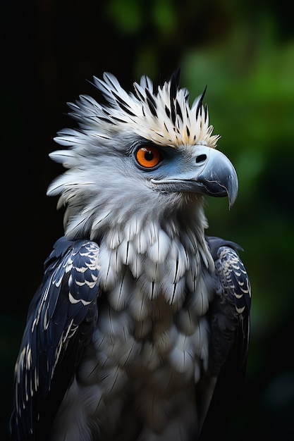 Dies ist ein Porträt eines brasilianischen Harpye-Adlers mit langem Schnabel und schäbigen Haaren. Der Vogel ist sehr reflektierend und hat einen Punk-Rock-Look mit Mohawks. Das Porträt wird für seine Details hoch bewertet und ist