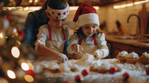 Foto dies ist ein porträt von süßen kindern, die ihren eltern helfen, zu weihnachten zu hause kekse zu backen. das konzept des kindheitsglücks und der feier ist auf dem bild offensichtlich.