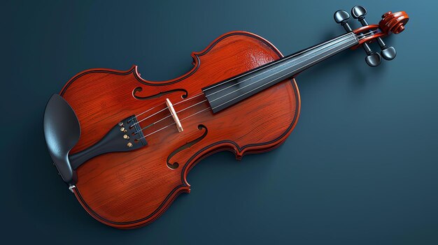 Dies ist ein wunderschönes 3D-Rendering einer Geige. Die Geige ruht auf einer dunkelblauen Oberfläche. Die Violine ist aus Holz und hat ein glänzendes Finish.