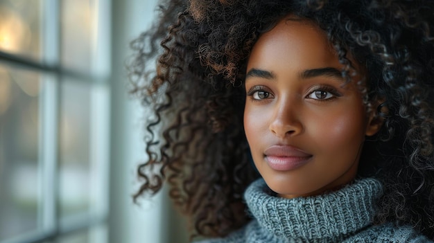 Dies ist ein wunderschönes Porträt einer afroamerikanischen jungen Frau mit langen lockigen Haaren, das von hinten aufgenommen wurde, wodurch der Kopierraum leicht über den weißen Hintergrund erweitert werden kann