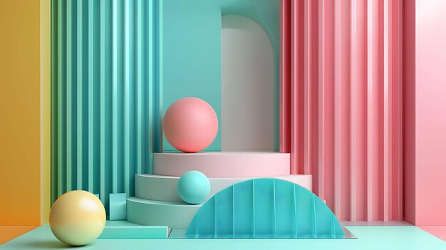 Dies ist eine 3D-Rendering einer bunten und abstrakten Szene. Es gibt mehrere geometrische Formen im Bild, darunter Kugeln, Würfel und Zylinder.