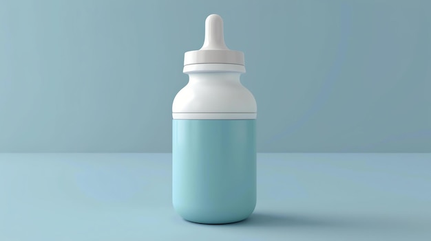 Dies ist eine 3D-Rendering einer Flasche. Sie ist blau und weiß mit einer weißen Brustwarte. Die Flasche sitzt auf einem blauen Tisch mit blauem Hintergrund.