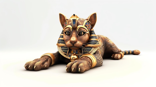 Dies ist eine 3D-Rendering eines ägyptischen Katzengottes. Die Katze sitzt auf einer weißen Oberfläche und schaut den Betrachter an.