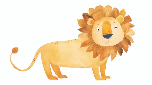 Foto dies ist eine aquarell-illustration eines niedlichen und freundlichen löwen. er hat eine große buschige mähne und einen langen schwanz.