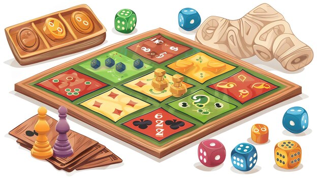 Dies ist eine Illustration eines Brettspiels. Das Brettspiel ist aus Holz und hat ein Raster von Quadraten darauf.