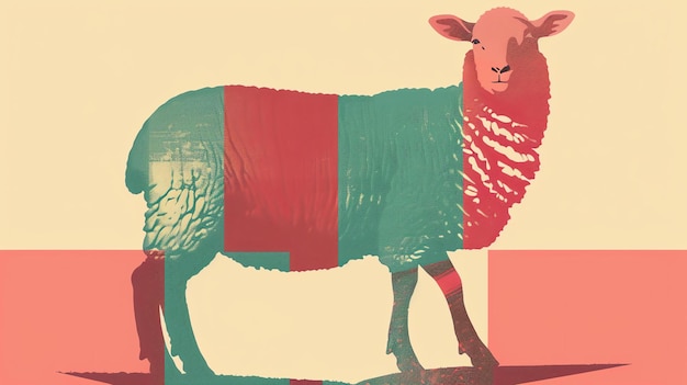 Dies ist eine Illustration von einem Schaf Das Schaf steht auf einem grünen Feld und schaut auf den Betrachter Das Schaf ist rosa, grün und rot