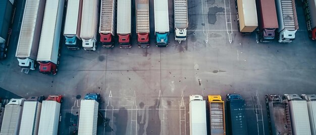 Dies ist eine Luftaufnahme des Beförderungsplatzes in einem Industriegebäude, wo viele Lastwagen Waren auf Anhänger laden