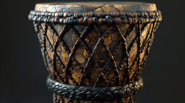 Foto dies ist eine wunderschöne djembe-trommel, sie ist aus holz gefertigt und hat einen ziegenhautkopf. die trommel ist mit komplizierten schnitzereien und perlen geschmückt.