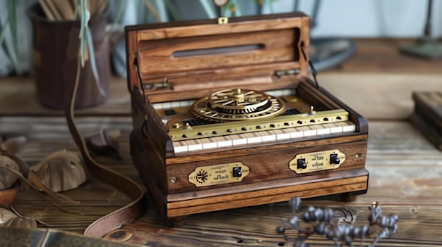 Dies ist eine wunderschöne handgefertigte hölzerne Musikbox mit einem Steampunk-Design mit komplizierten Metallgetrieben und einem Ledergurt.