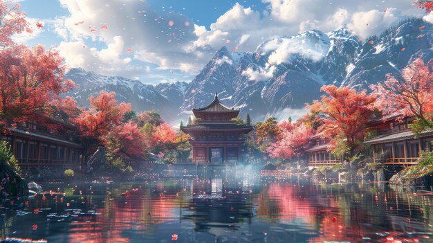 Dies ist eine wunderschöne japanische Innenhoflandschaft an einem hellen Tag Hintergrund für ein Videospiel digitales CG-Artwork Naturlandschaft Hintergrund für eine Videospiel