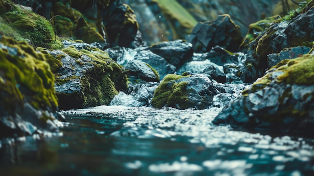 Dies ist eine wunderschöne Nahaufnahme eines Flusses, der über moosige Felsen fließt. Das Wasser ist kristallklar und man kann die Reflexion des Himmels an der Oberfläche sehen.