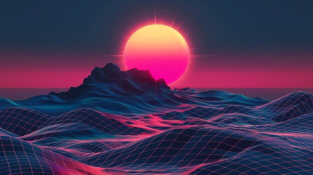 Diese abstrakte geometrische Hügellandschaft mit Sonne zeigt einen Synthwave-Retro-Hintergrund mit Gitterbergen und neonrosa Sonnenuntergang. Es ist eine realistische moderne Illustration einer neuen Retro-Welle.