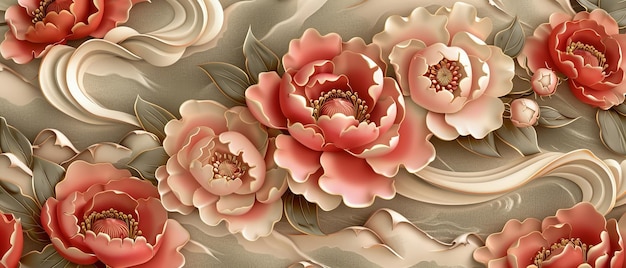 Diese asiatische Vorlage zeigt eine Pfeonenblume und ein japanisches Muster moderner Blumenhintergrund mit Wellenelementen Rollpapierdekoration