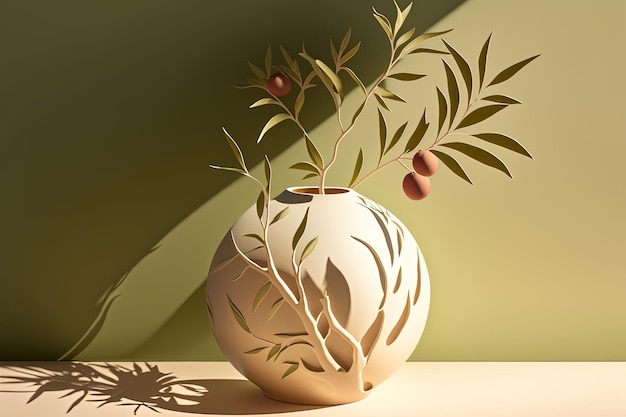 Diese beige schalenförmige Vase ist mit grünen Olivenzweigen verziert. Die Vase macht einen angenehmen Eindruck und zieht die Blicke auf sich, dank der feinen Verarbeitung des Master Concept Design AI