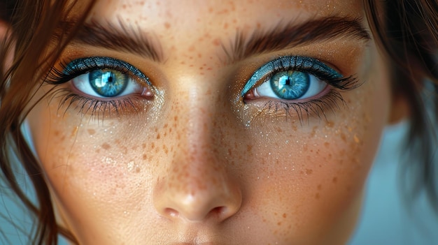 Diese brünette Frau trägt hellblau-weißes Katzen-Augen-Make-up