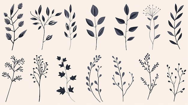 Diese elegante Sammlung von handgezeichneten botanischen Elementen umfasst verschiedene Arten von Blättern, Blumen und Pflanzen in detaillierter